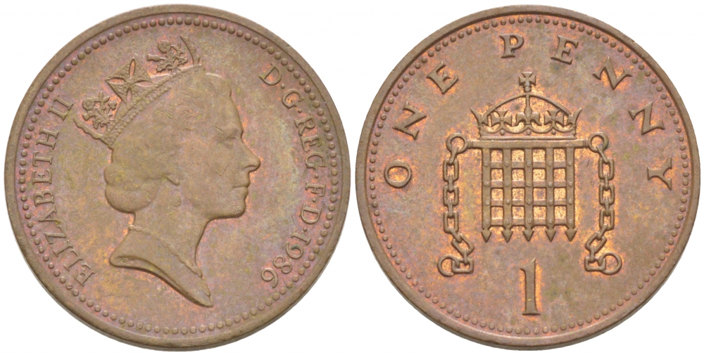 Великобритания 1 пенни 1986 Елизавета II (1952-2022) KM 935, Spink 4381 (B3) бронза 214-1057