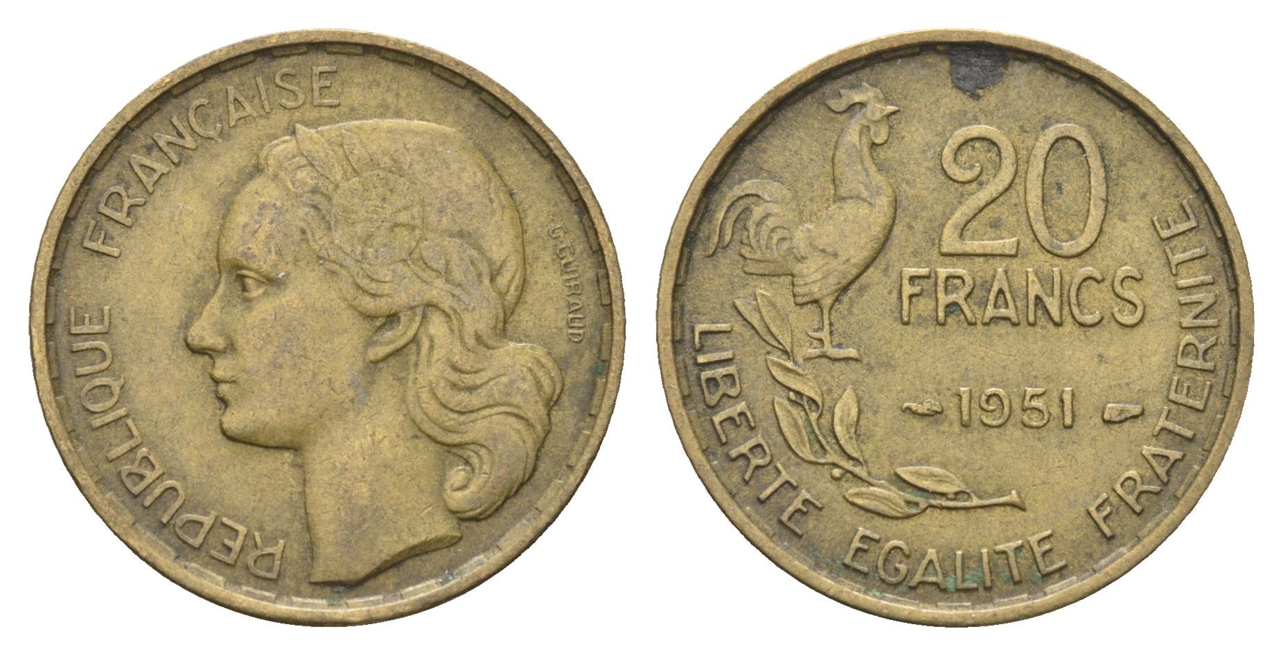 Франция 20 франков 1951  KM 917.1 алюминиевая бронза    4660-314