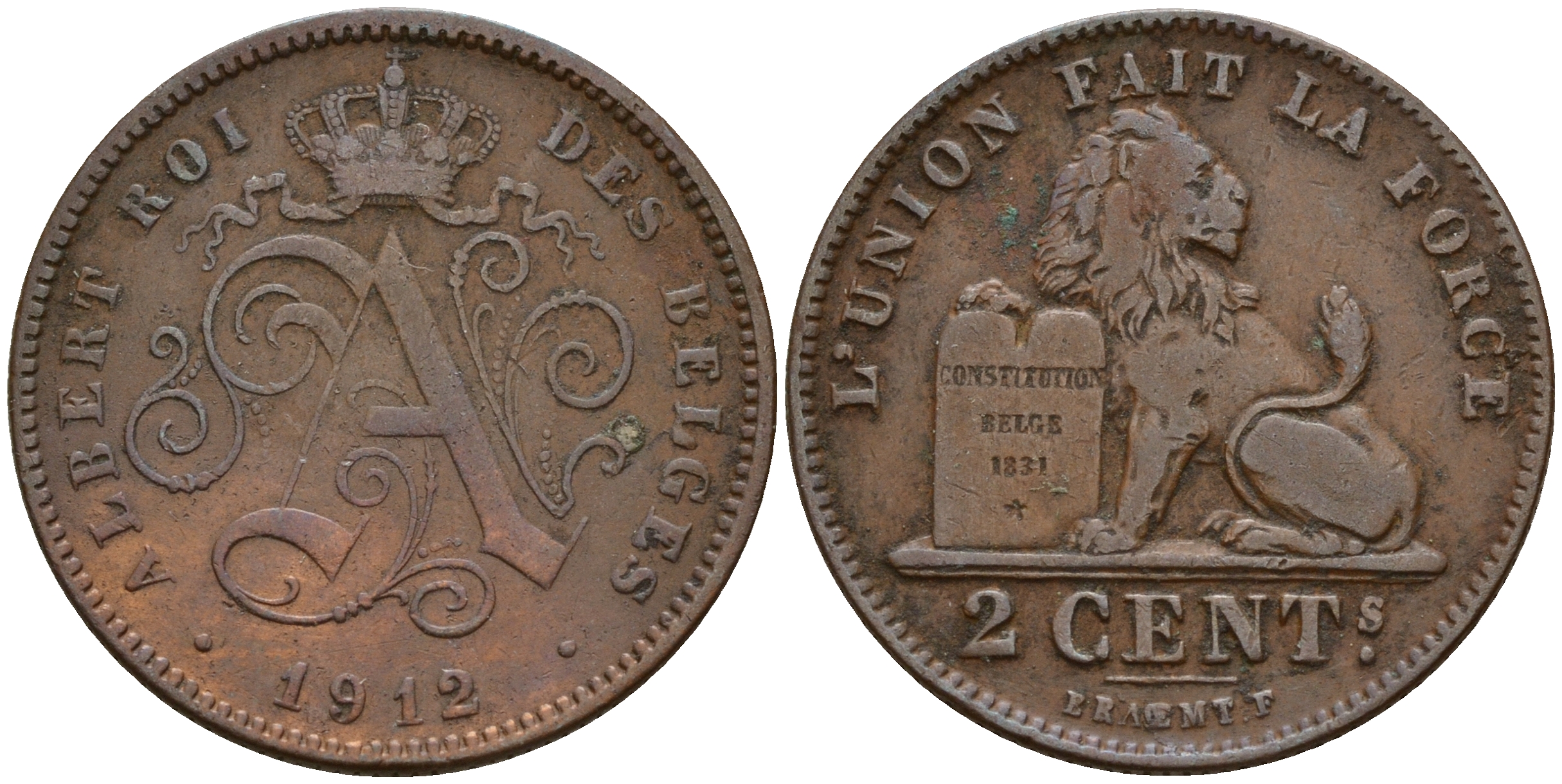 Бельгия 2 сантима 1912 Belges KM 64 медь    4187-416