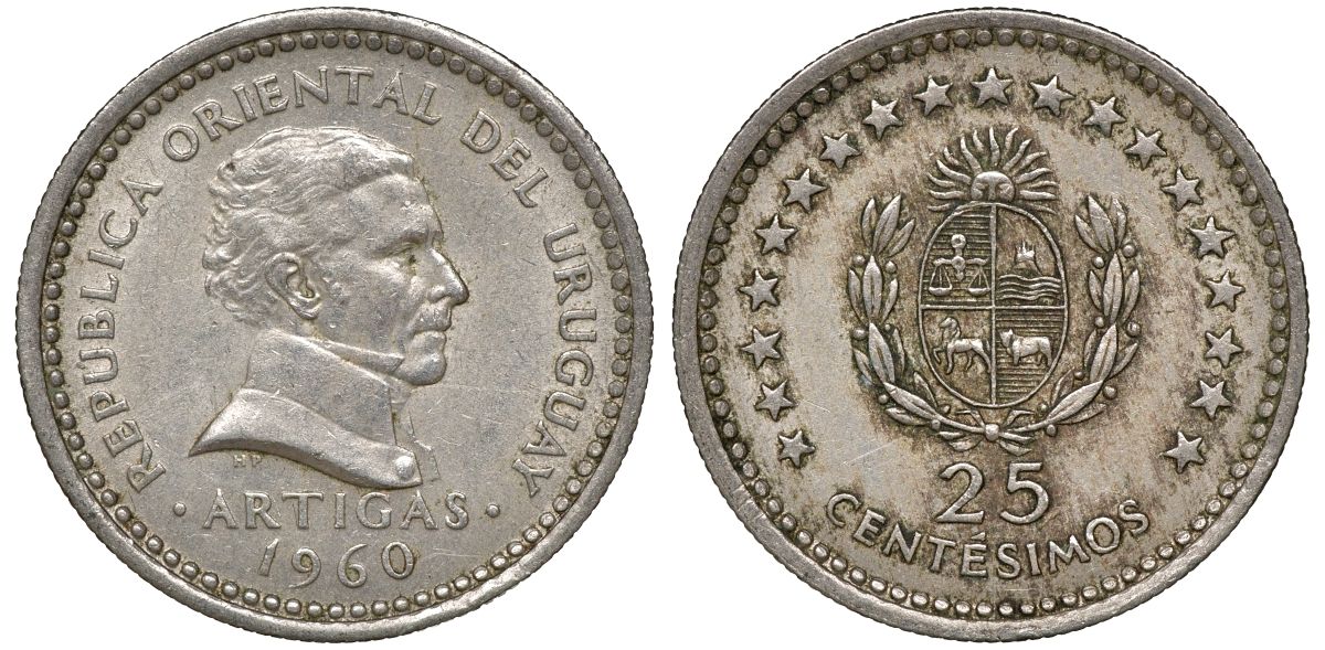 Уругвай 25 сентесимо 1960 KM 40 медно-никель 4169-914