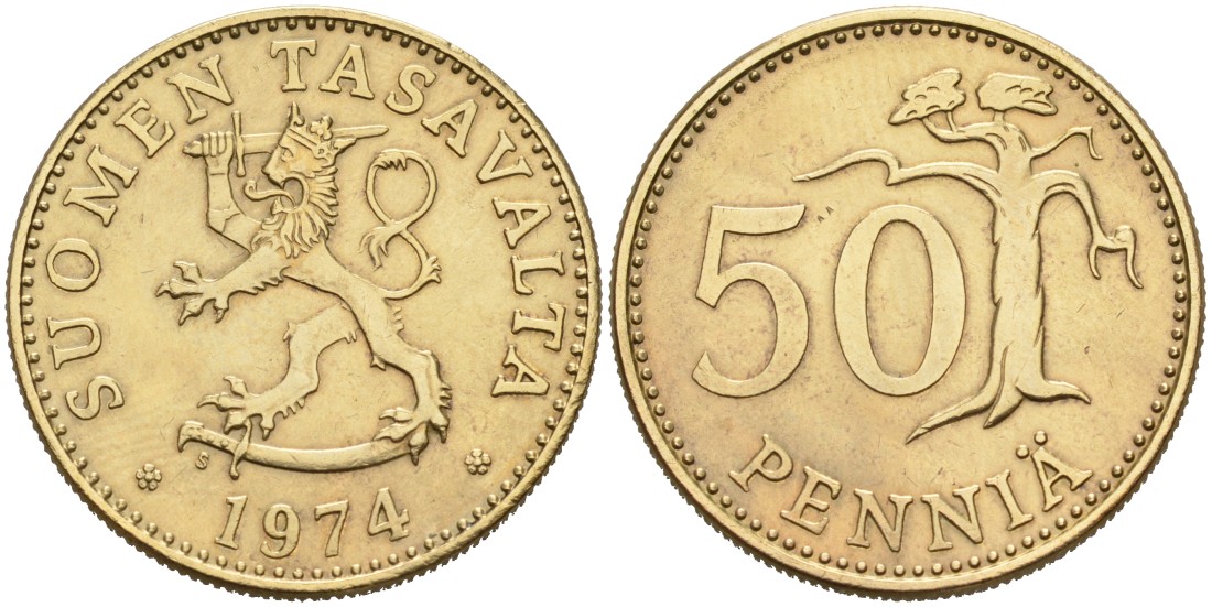 ФИНЛЯНДИЯ 50 ПЕННИ 1974 S KM 48 алюминиевая бронза 4563-427
