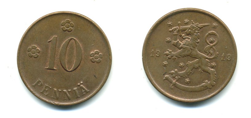 Финляндия 10 пенни 1919 KM 24 медь 41-943