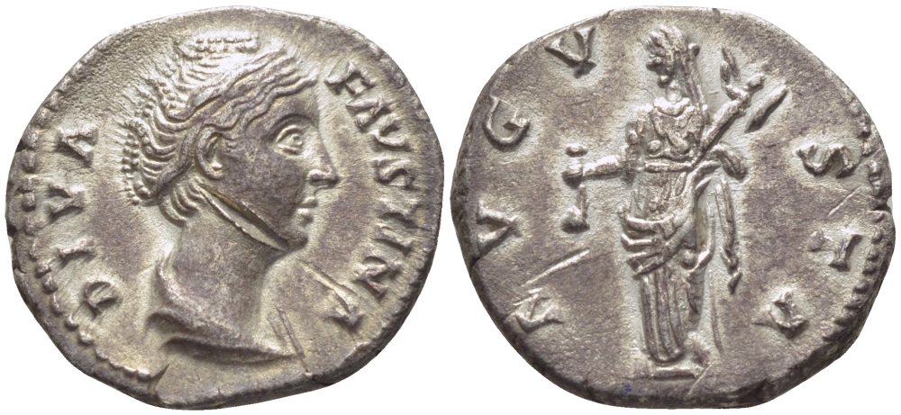 Римская Империя денарий 141 Фаустина Старшая, жена Антонина Пия (посмертная чеканка) DIVA FAVSTINA / AVGVSTA Веста, Рим Good Very fine RIC 368 серебро 1073-15-47