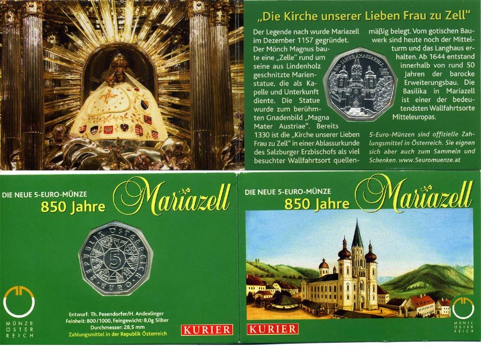 Австрия 5 евро 2007 850 лет городу Мариацелль, церковь KM 3145 серебро UNC 1-5-2-06