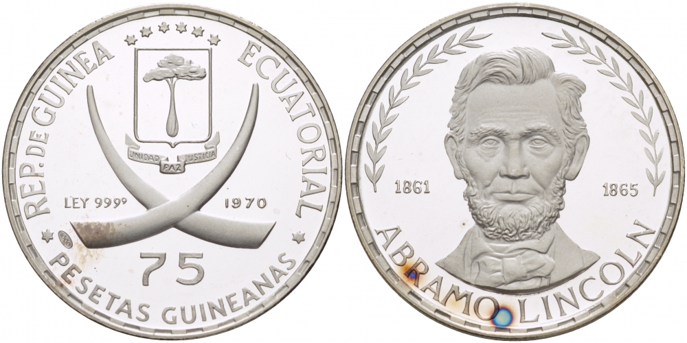 Экваториальная Гвинея 75 песет 1970 Авраам Линкольн, Президент США (1861-1865) KM 10.1 серебро PROOF 1078-7-41