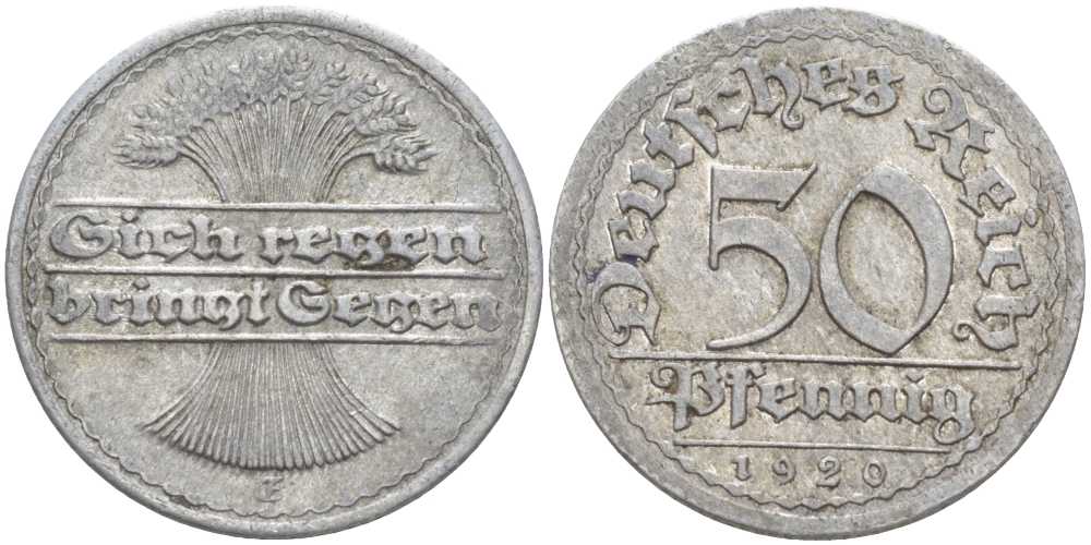 ГЕРМАНИЯ 50 ПФЕННИГОВ 1920 G KM 27, J. 301, Weege 10 алюминий 4388-126