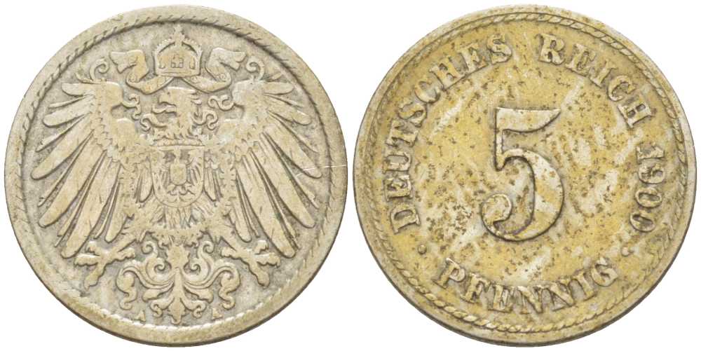 ГЕРМАНИЯ 5 ПФЕННИГОВ 1900 A KM 11, J. 12, Weege 6 медно-никель 206-924