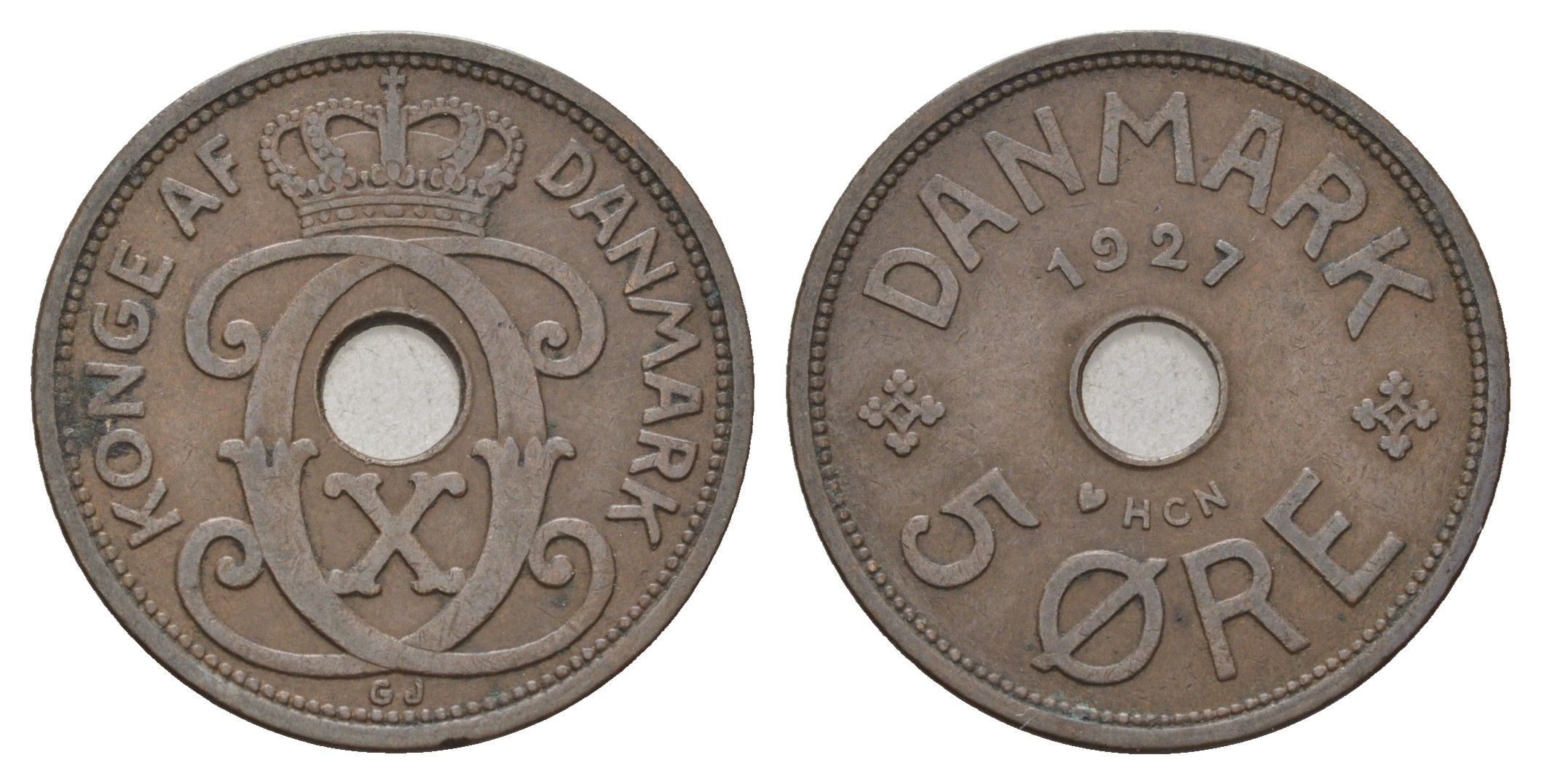 Дания 5 эре 1927 NCH, Кристиан X (1912-1947) KM 828 бронза 4700-747