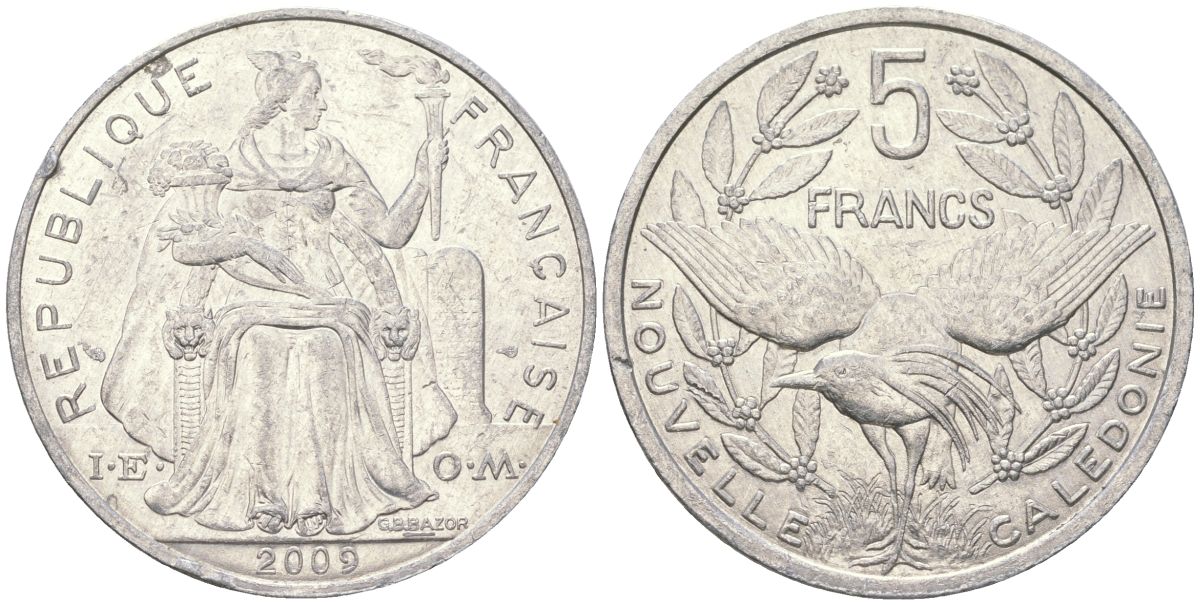 Французская Новая Каледония 5 франков 2009 птица кагу, (IEOM) KM 16, Schoen 12, Lec 81k алюминий 4111-325
