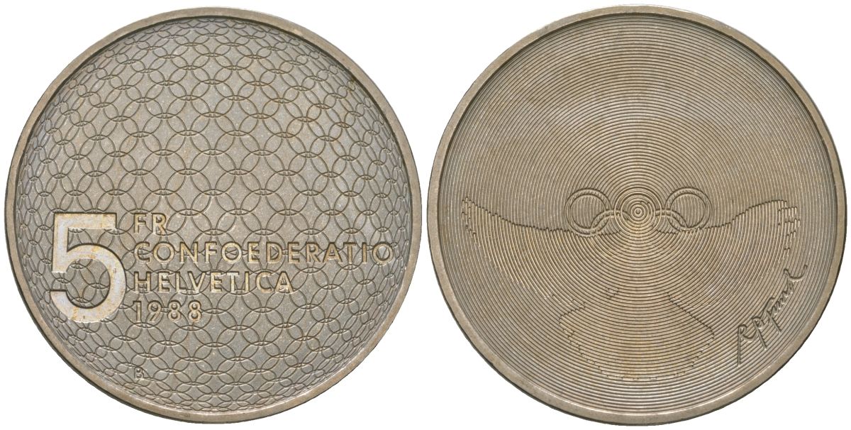 Швейцария 5 франков 1988 B, Олимпийские игры - голубь и кольца KM 67 медно-никель  UNC  4593-1012