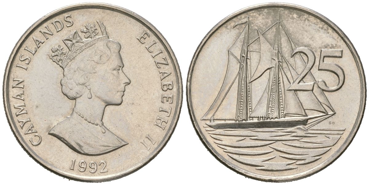 Каймановы острова 25 центов 1992 KM 90a сталь плакированная никелем aUNC 4620-113