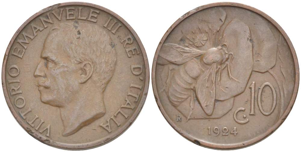 ИТАЛИЯ 10 ЧЕНТЕЗИМО 1924 R, МОНДВОР РИМ, ВИКТОР ЭММАНУИЛ III (1900-1946) KM 60 медь 4525-253