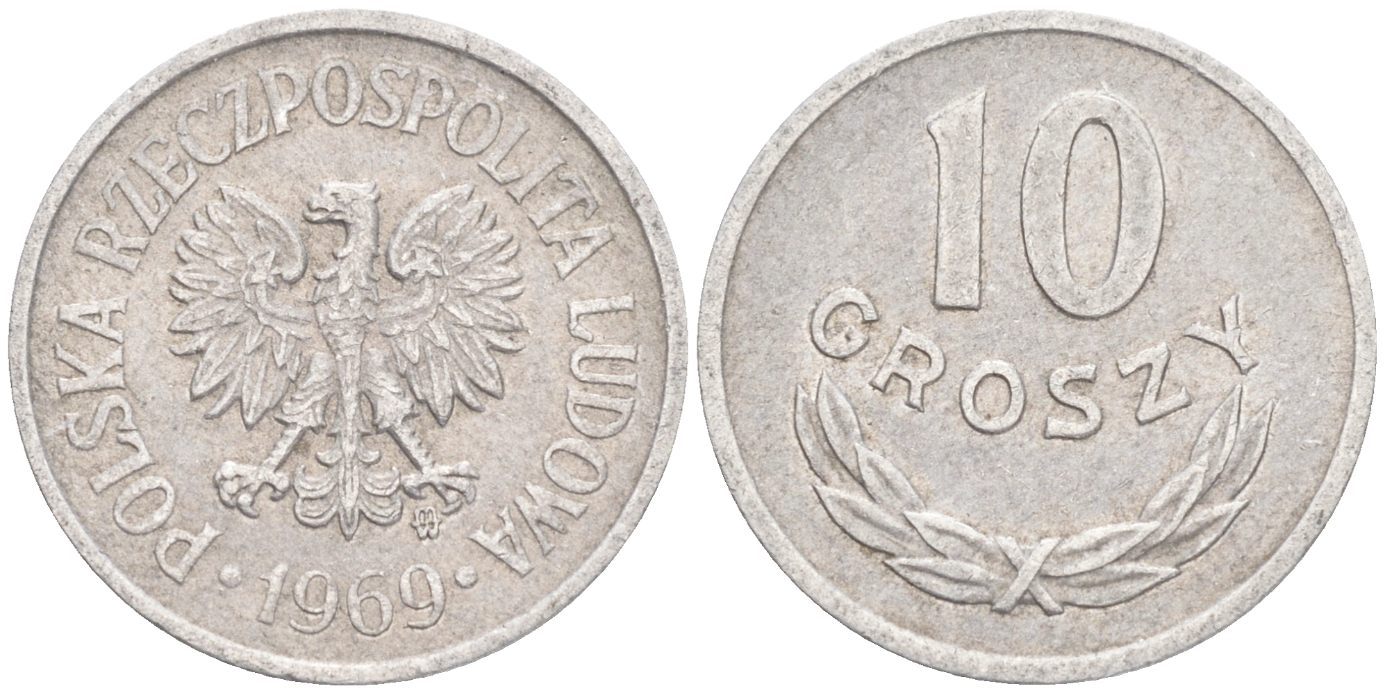 ПОЛЬША 10 ГРОШЕЙ 1969 MW KM АА47 алюминий VF 192-219