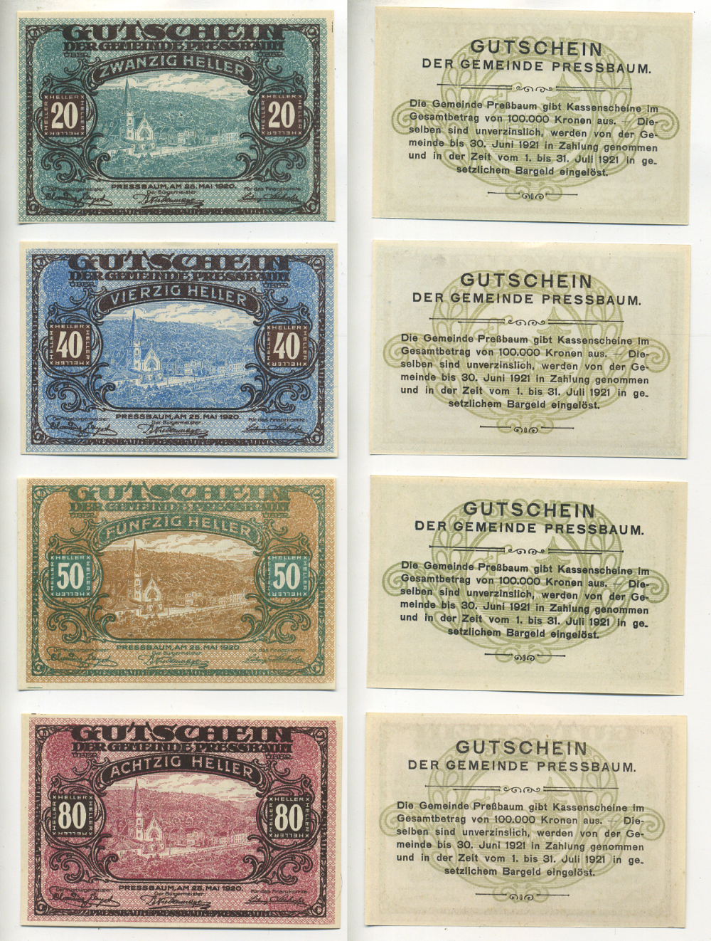 Австрия набор из 4 банкнот 1920 25 мая 1920-30 июня 1921-31 июля 1921, нотгельд, 20, 40, 50, 80 геллеров, PRESSBAUM   бумага  aUNC  7555-8-4-2