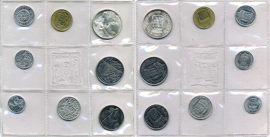 Сан-Марино годовой набор из 8 монет 1973 1, 2, 5, 10, 20, 50, 100 и 500 лир ребёнок держит голубя KM 22-29, в оригинальной пластиковой запайке серебро KM MS2 серебро UNC 5-4-3-37