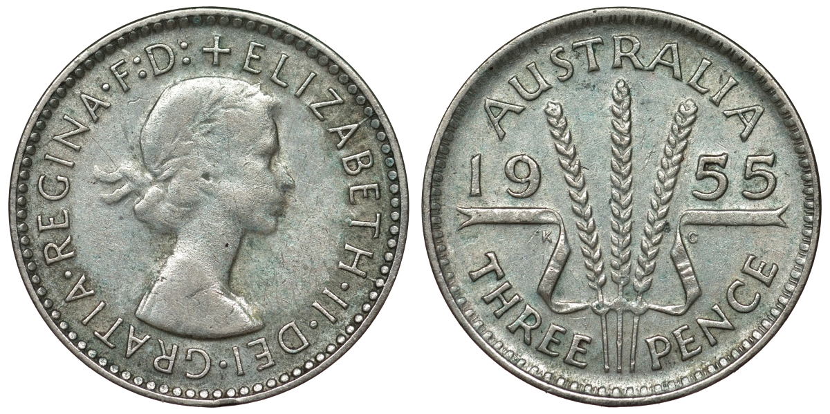 Австралия 3 пенса 1955 m, Елизавета II (1952-2022) KM 57 серебро 71-434