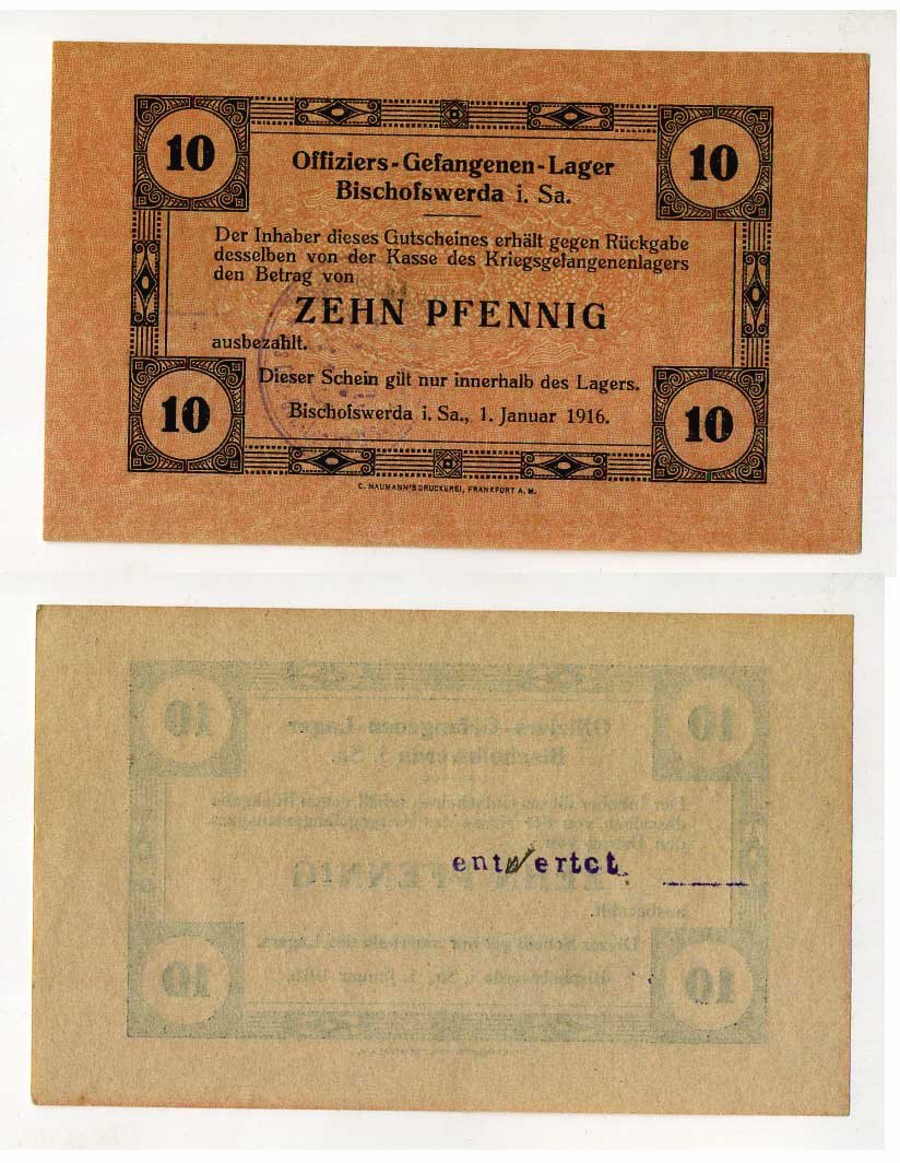 Германия 10 пфеннигов 1916 Бишофсверда в Саксонии, лагерь военнопленных офицеров и тюрьмы C-2753 бумага UNC (пресс) 000-00-00