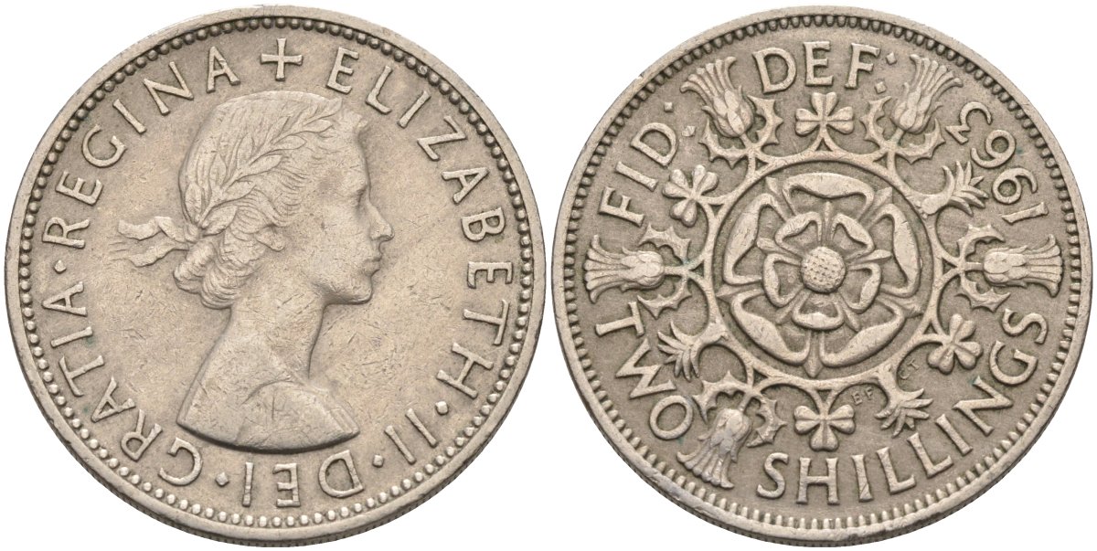 Великобритания 2 шиллинга (флорин) 1963 Елизавета II (1952-2022) KM 906, Spink 4146 медно-никель 4587-935
