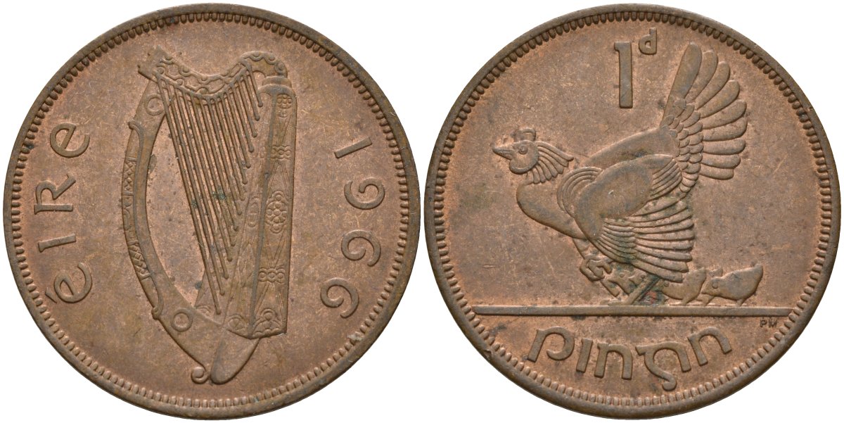 Ирландия 1 пенни 1966 курица с цыплятами KM 11 бронза 4144-1124