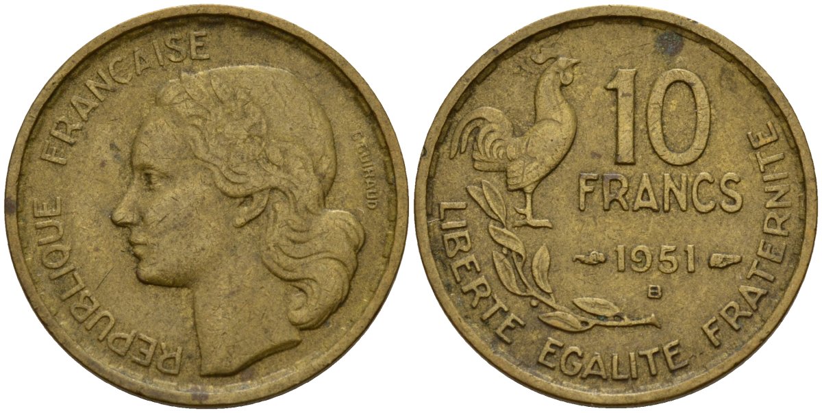 Франция 10 франков 1951 B, петух KM 915.2, Le Franc 363.5 алюминиевая бронза 4159-921
