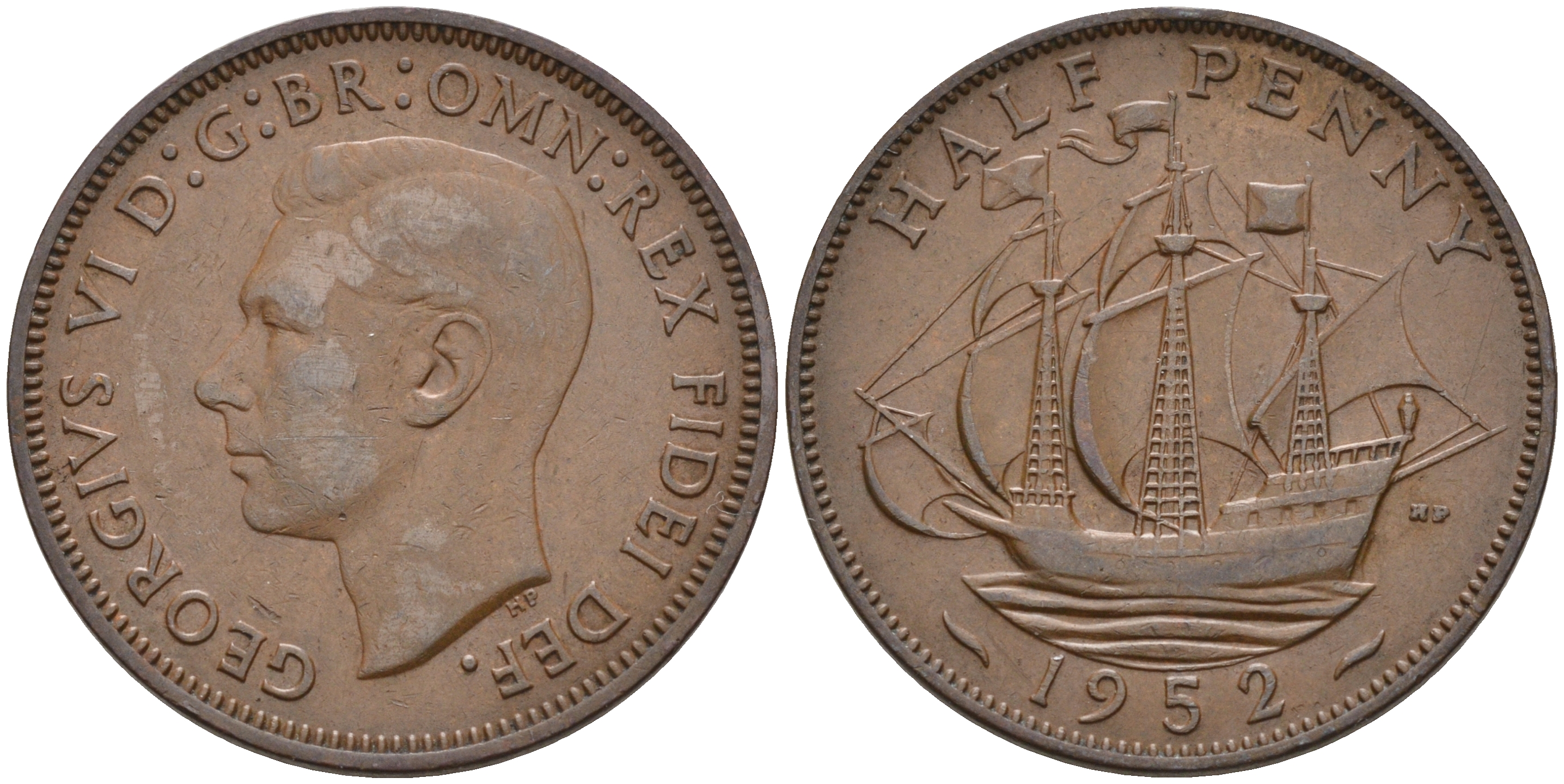 Великобритания 1/2 пенни 1952 Георг VI (1936-1952) KM 868, Spink 4118 бронза 4592-336