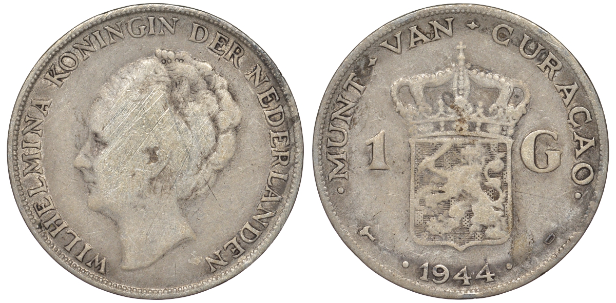 Нидерландское Кюрасао 1 гульден 1944 D, Вильгельмина (1890-1948) KM 45 серебро 36-457