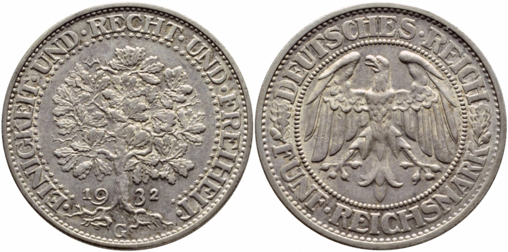 Германия 5 марок 1932 G, Дуб. Единство, справедливость, свобода, цена по каталогу МТ 600 евро J. 331, KM 56 серебро UNC 00-804-12