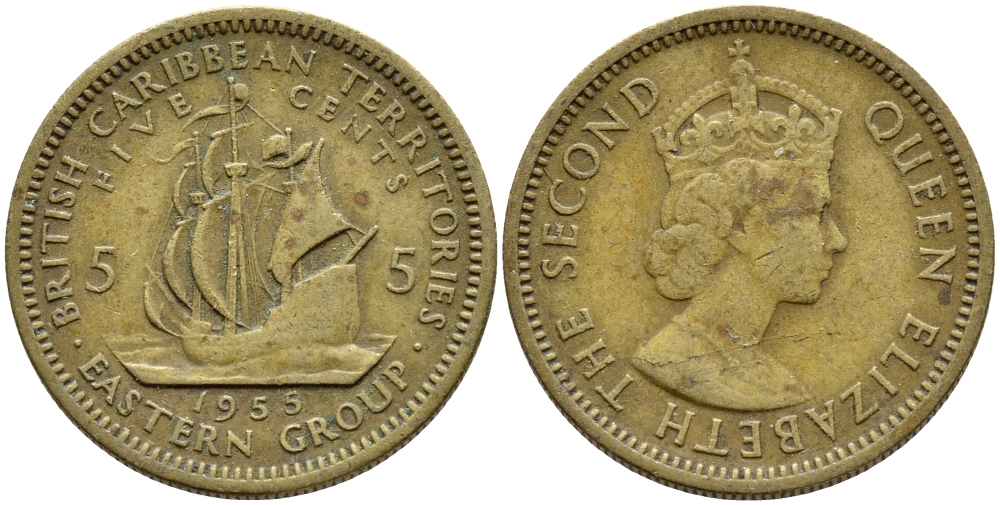 Британские Восточно-Карибские территории 5 центов 1955 Елизавета II (1952-2022), парусник KM 4 никель латунь 89-1532
