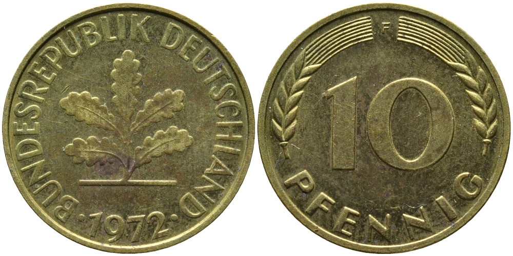ФРГ 10 ПФЕННИГОВ 1972 F KM 108, J.383 сталь плакированная латунью 98-443
