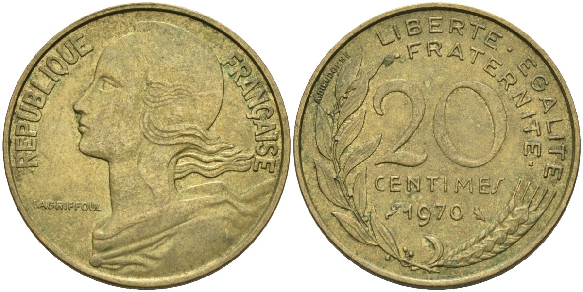 Франция 20 сантимов 1970 тип MARIANNE KM 930 медь алюминий никель 4584-513