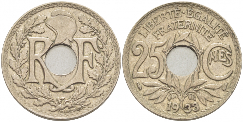 Франция 25 сантимов 1933 тип Линдауэр KM 867a, Le Franc 171 медно-никель 4402-841
