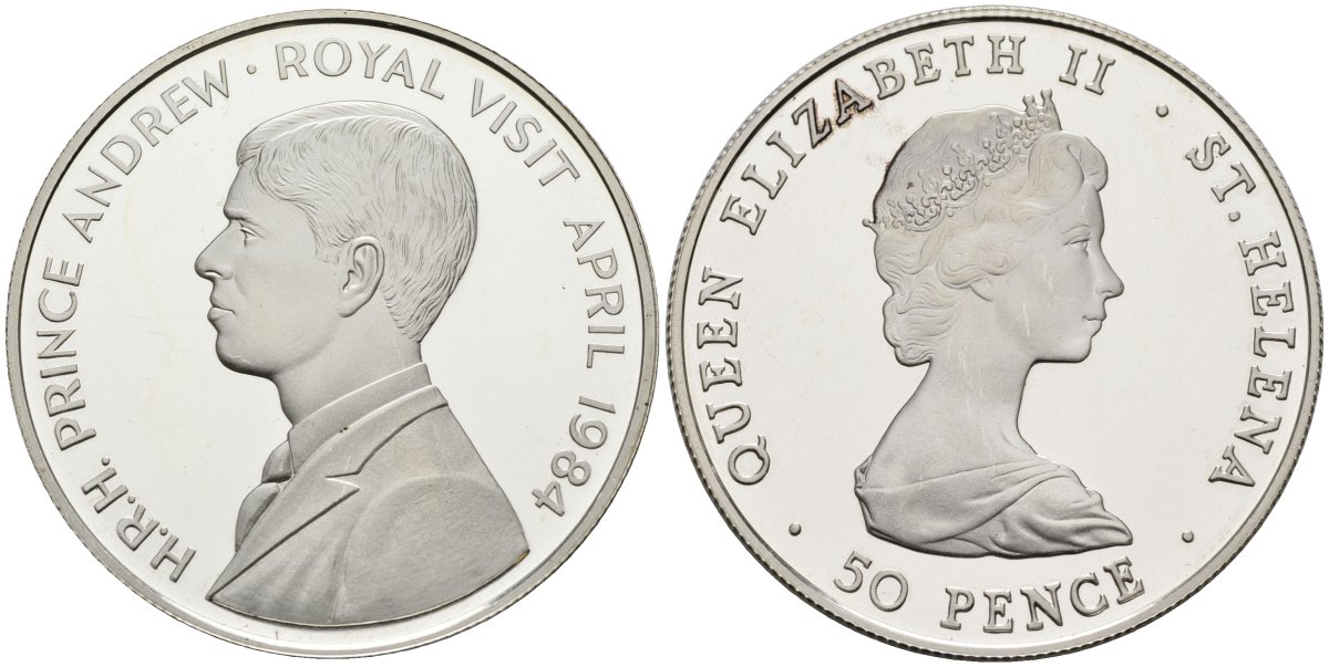 Остров Святой Елены 50 пенсов 1984 королевский визит принца Эндрю, тираж 5000 экз. KM 13а серебро PROOF 00-00