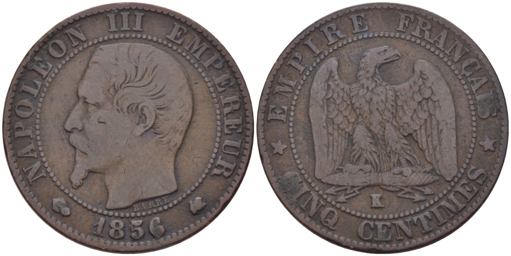 ФРАНЦИЯ 5 САНТИМОВ 1856 K, НАПОЛЕОН III (1852-1870) KM 777.5, LA FRANC 116.34 бронза 28-633