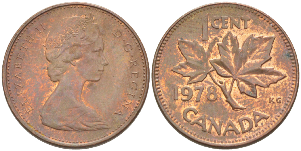 Канада 1 цент 1978 Елизавета II (1952-2022), кленовый лист KM 59.1 бронза 4181-1255