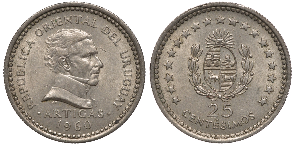 Уругвай 25 сентесимо 1969 Хосе Хервасио Артигас KM 40 медно-никель aUNC M53-12