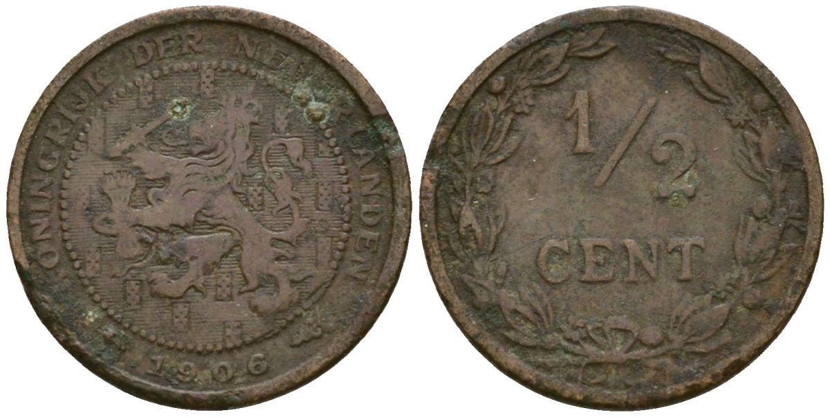 Нидерланды 1/2 цента 1906 Вильгельмина (1890-1948) KM 138 бронза 4169-456