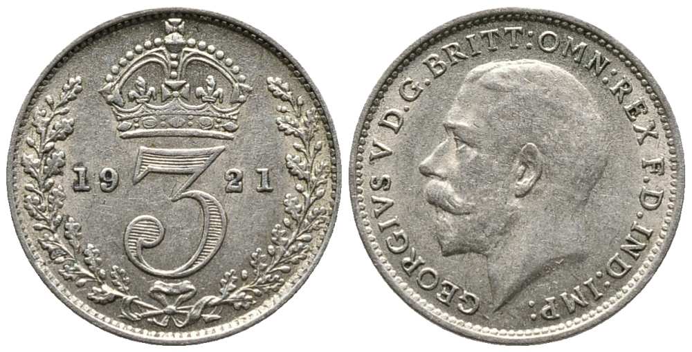 Великобритания 3 пенса 1921 Георг V (1910-1936) KM 813а, Spink 4026 серебро 214-568