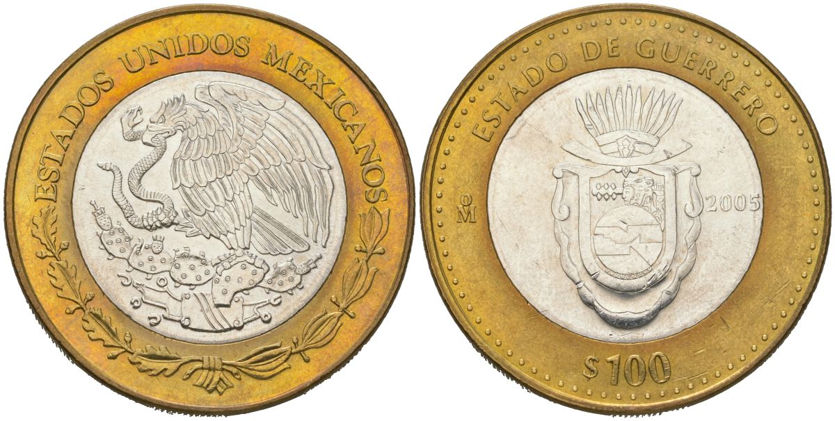 Мексика 100 песо 2005 180 лет Федерации - Герреро KM 716 биметалл, серебро BU 00-1067-8-61