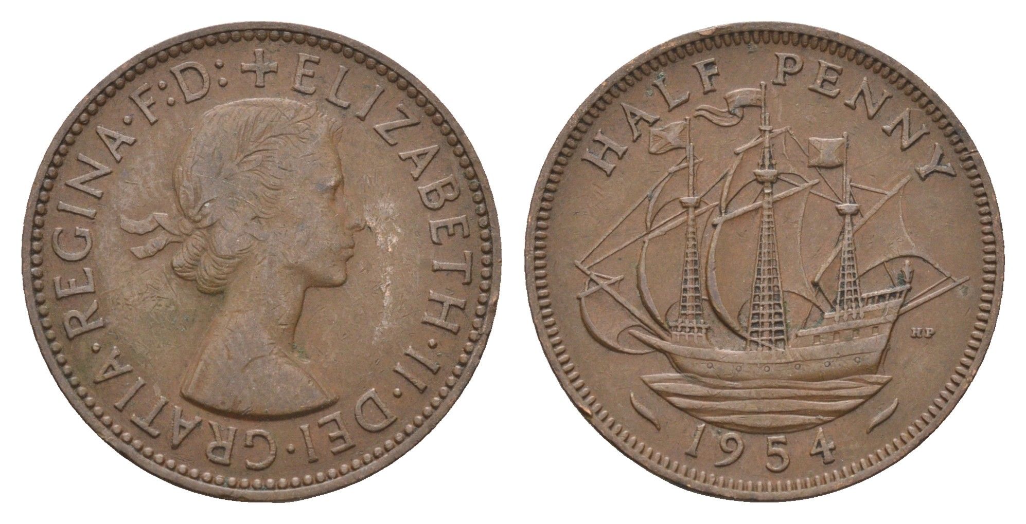 Великобритания 1/2 пенни 1954 Елизавета II (1952-2022) KM 896, Spink 4158 бронза 4662-1132