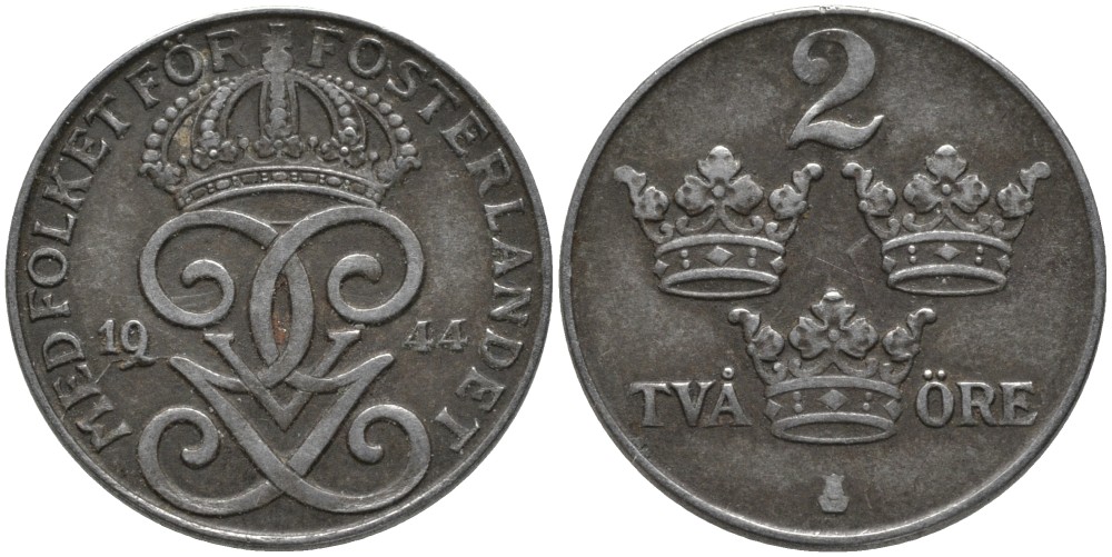 Швеция 2 эре 1944 Густав V (1907-1950) KM 811 железо 63-853