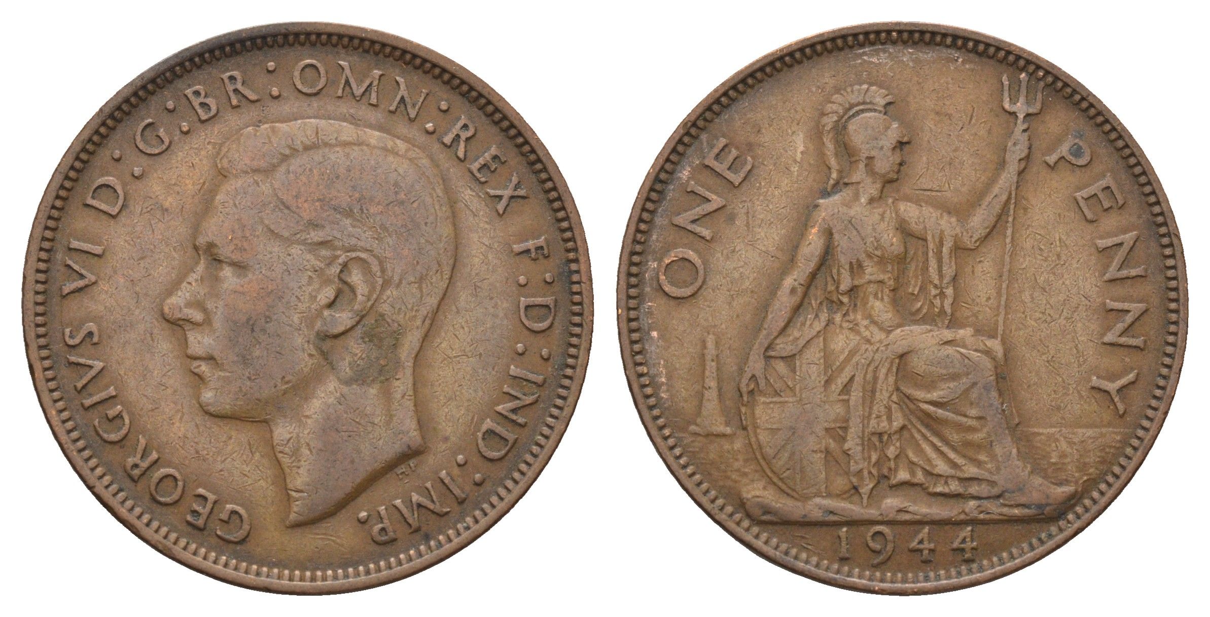 Великобритания 1 пенни 1944 Георг VI (1936-1952) KM 845, Spink 4114 бронза 4692-723