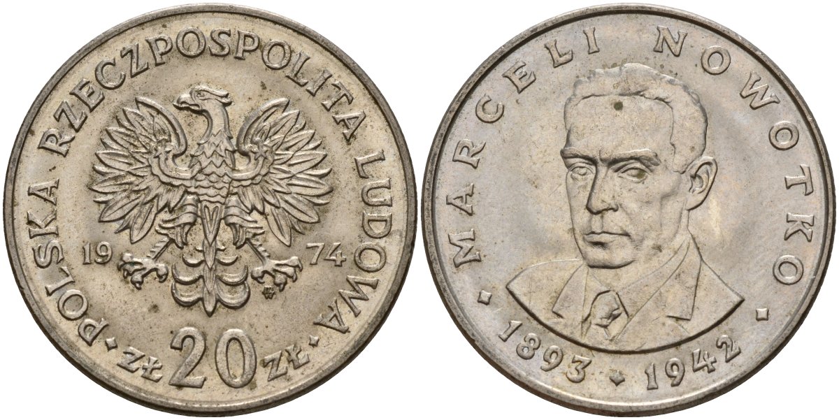 Польша 20 злотых 1974 MW, Марцелий Новотко KM 69, Parchimowicz 246 медно-никель 4157-1025