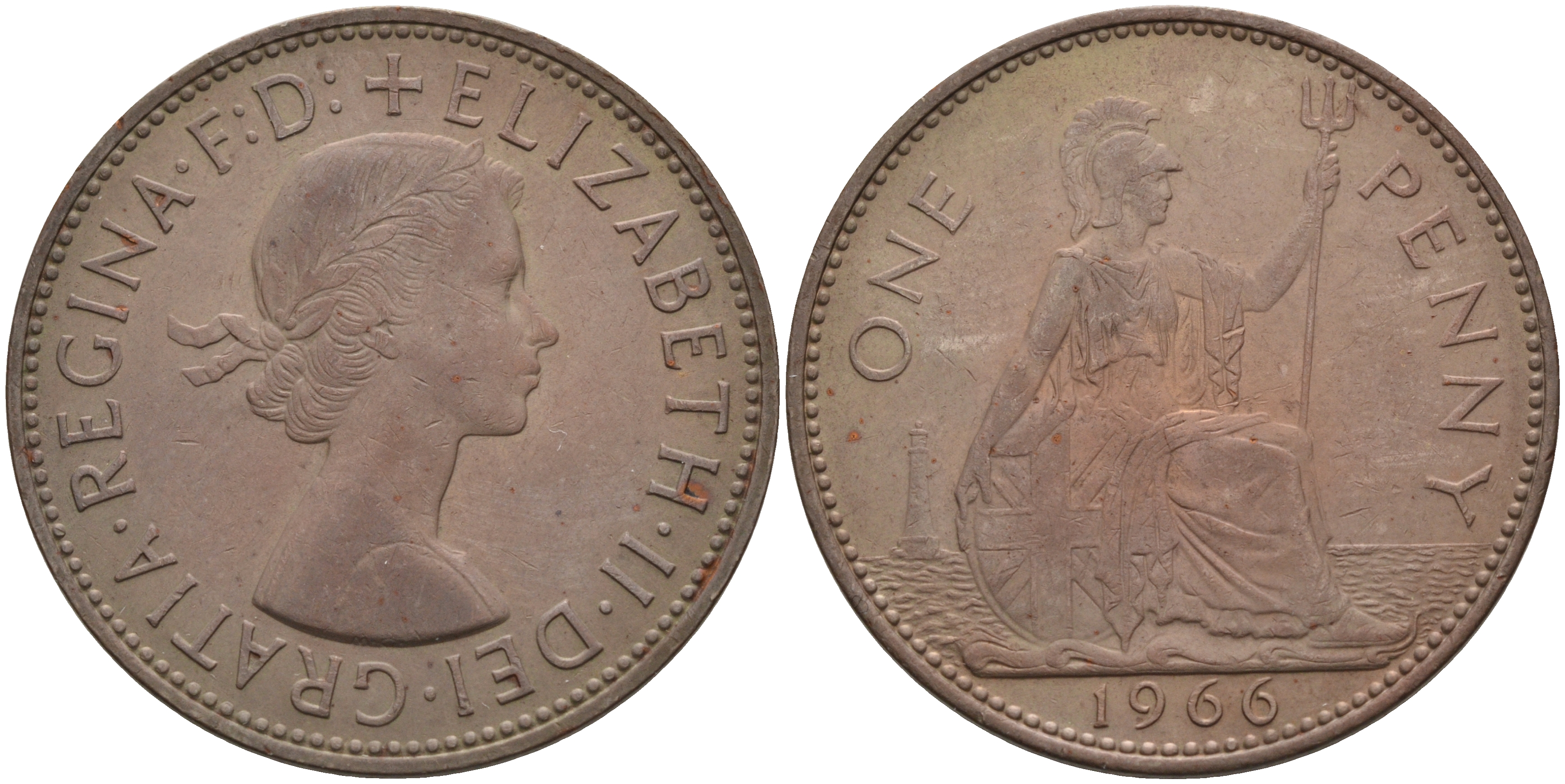 Великобритания 1 пенни 1966 Елизавета II (1952-2022) KM 897, Spink 4157 бронза 4593-244