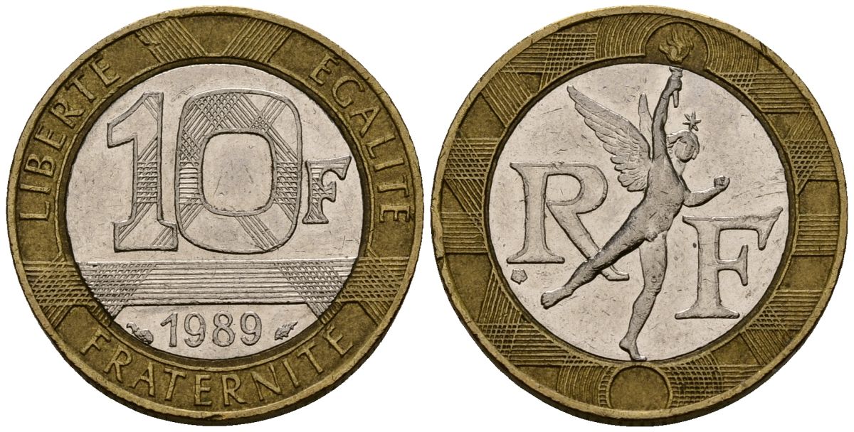 Франция 10 франков 1989 тип гений Бастилии KM 964.1, Le Franc 375.3 биметалл 4138-321