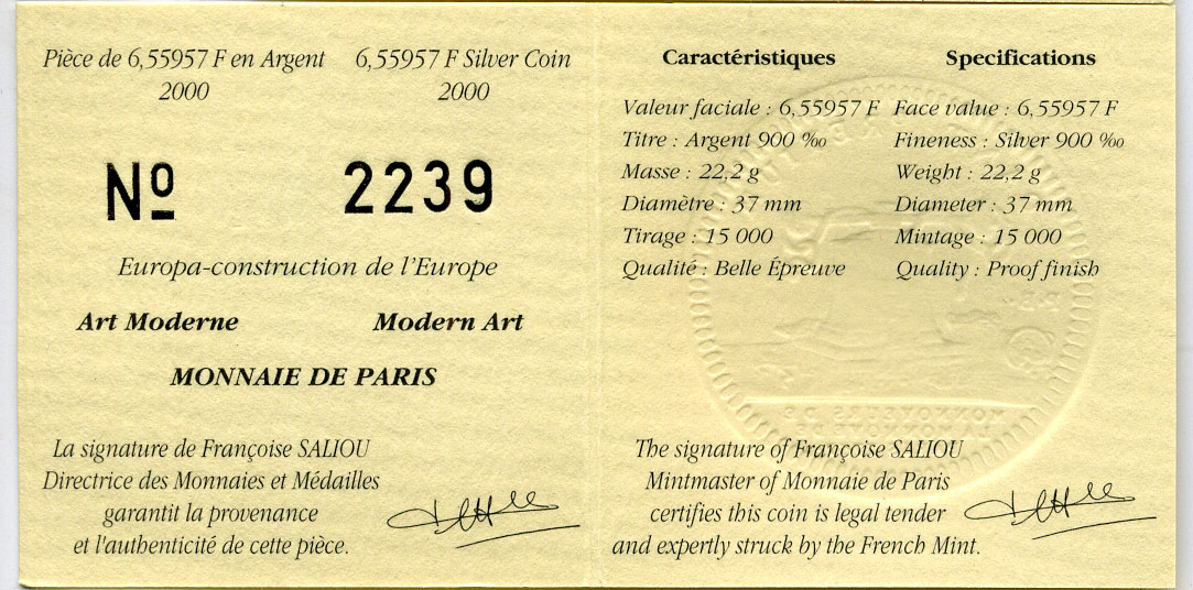 Франция 1 евро = 6,55957 франков 2000 современная архитектура XX-XXI веков в коробке с сертификатом KM 1228 серебро PROOF 4-3-3-16