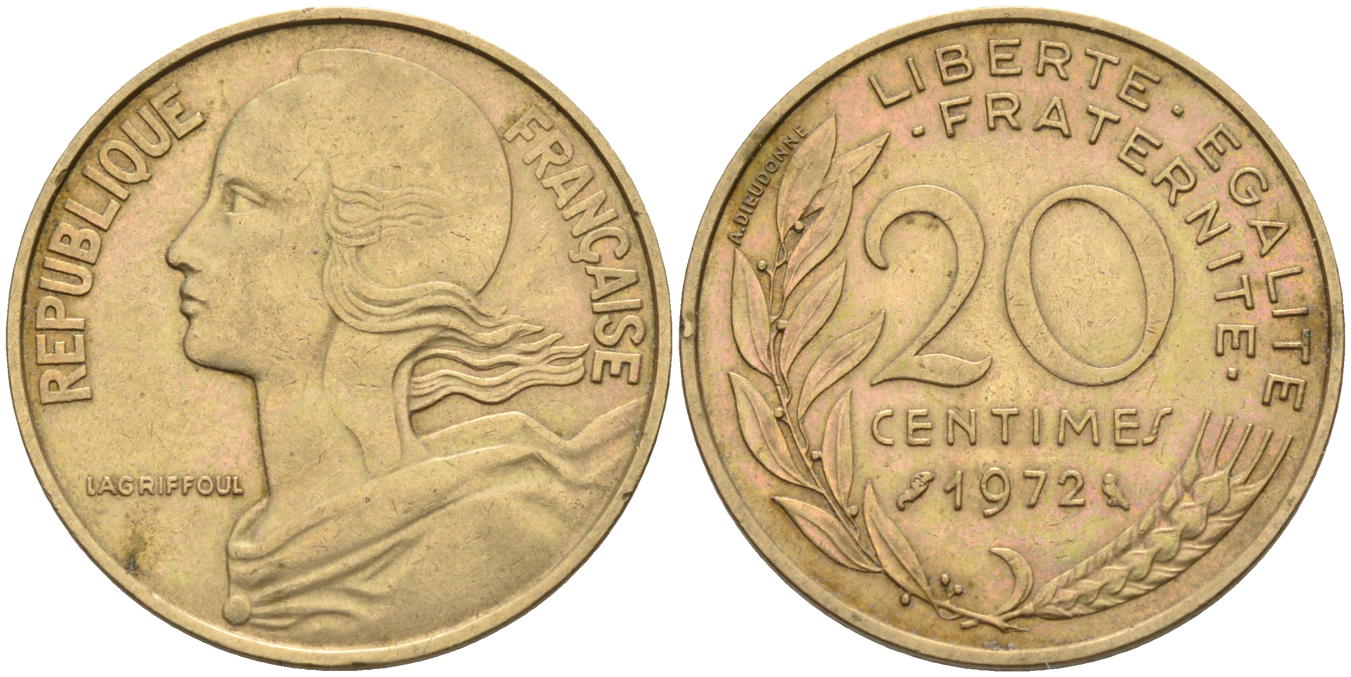 Франция 20 сантимов 1972 тип Марианна KM 930 медь алюминий никель 4116-524