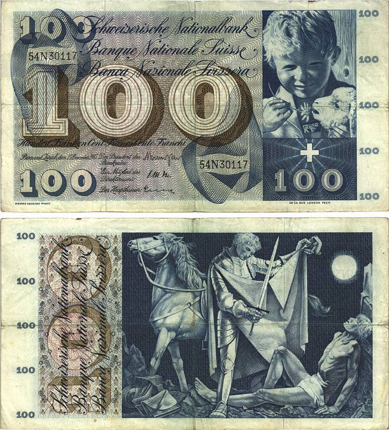 Швейцария 100 франков 1965 23 декабря 1965, серия 54 N. подпись 41 Pick 49 h бумага 8606-24-2-1