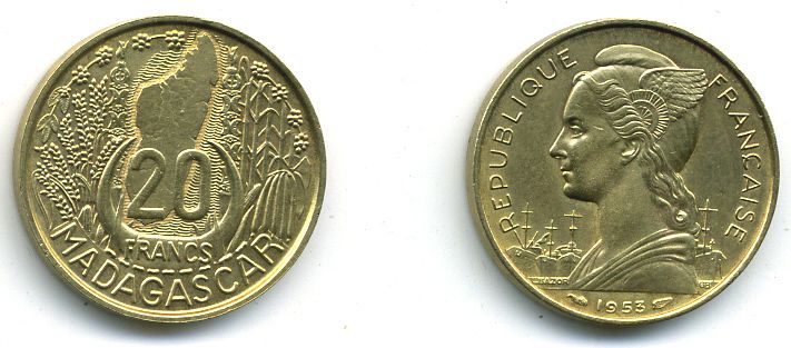 МАДАГАСКАР 20 ФРАНКОВ 1953 бронза 4-947