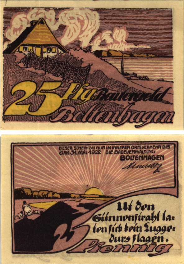 БОЛЬТЕНХАГЕН 25 ПФЕННИГОВ 1922 НОТГЕЛЬД, ИЮНЬ 1922 - 31 МАЯ 1922, ЗЕМЛЯ МЕКЛЕНБУРГ ПЕРЕДНЯЯ ПОМЕРАНИЯ Grabowski 138.1 бумага 6318-47-2-1