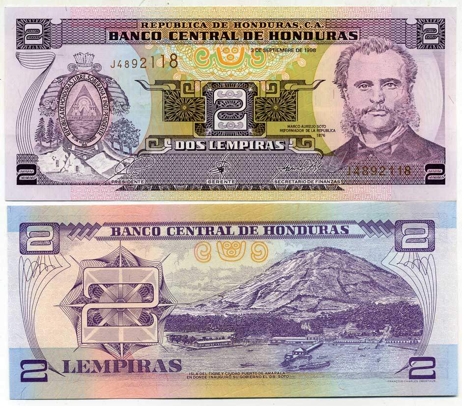 ГОНДУРАС 2 ЛЕМПИРЫ 1998 3 СЕНТЯБРЯ 1998, МАРКО АУРЕЛИО СОТО ПРЕЗИДЕНТ ГОНДУРАСА И РЕФОРМАТОР, ПОРТ АМАПАЛА Pick 80Аа бумага UNC (ПРЕСС) 6287-49-3-2